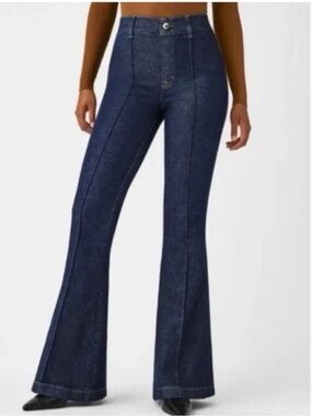 SPANX Pintuck Flare Pull-On Jeans Sculpting High Rise Raw Indigo Stretch Sz XL